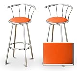 2 Orange Vinyl Specialty / Custom Chrome Barstools with Backrest Set