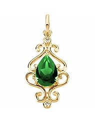 18K Yellow Gold Pear Cut Chatham Created Emerald and Diamond Pendant -- LIFETIME WARRANTY