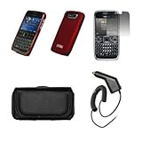 Nokia E72 Premium Black Leather Carrying Case + Red Rubberized Back Hard Snap-on Case Cover+ LCD Screen Protector + Rapid Car Charger