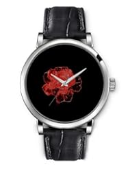 SPRAWL Aanalog Fashion Series Silver Ladies Watches of Genuine Black Leather Strap,Unique Wrist Watch for Women Girls Designed with Red rose on black background