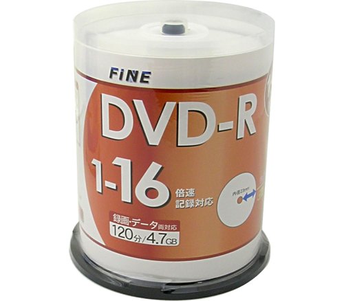FINE DVD-R4.7GB1回録画用ワイドプリンタブル1-16倍速スピンドルケース100枚入り FDR47-16X100PW