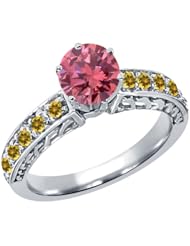 1.14 Ct Round Pink Diamond Yellow Citrine 14K White Gold Ring