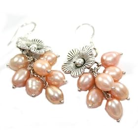 Beautiful Genuine Freshwater Peach Pearl and Flower Cluster Earrings on 925 Sterling Silver Hooks...