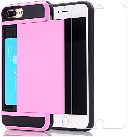 iPhone 7Plus Case+Screen Protector, Small7 Wallet Cover iPhone 7Plus Card Slot Case Protective Shell Rubber Bumper Case Anti-scratches Hard Cover Card Holder Wallet Case for iPhone 7Plus(Pink)