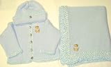 Knitted on Hand Knitting Machine Blue Cotton Hand Crochet Finished with Blue Chenille Infant Boys Cardigan, Hat Set Trimmed with Tey Bear Patch and Matching Large Blanket