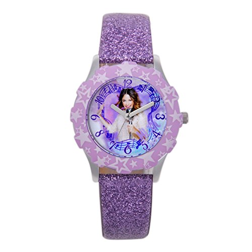Disney - W001435 - Violetta - Montre Fille - Quartz Analogique - Cadran Rose - Bracelet Aspect Pailleté - Dessous Cuir Rose