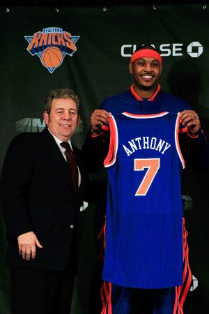 New York Knicks Introduce Carmelo Anthony, New York, NY - February 23: Carmelo Anthony and Jim Dola Photographic Poster Print by Chris Trotman, 28x42