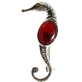 Cherry Amber and Sterling Silver Seahorse Pin