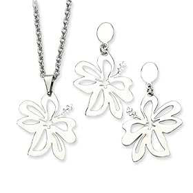 Stainless Steel Hibiscus Flower Post Earrings and Pendant Set - JewelryWeb