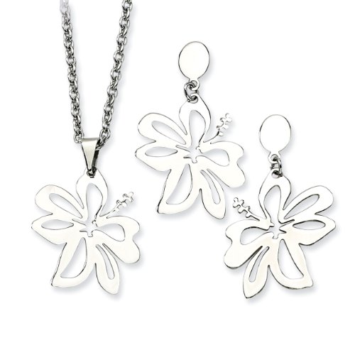Stainless Steel Hibiscus Flower Post Earrings and Pendant Set - JewelryWeb