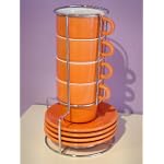 Orange Espresso Cup and Saucer Set with Stand, Service for 4