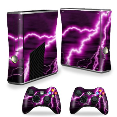 Protective Vinyl Skin Decal Cover for Microsoft Xbox 360 S Slim + 2 Controller Skins Sticker Skins Purple Lightning