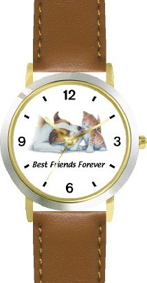 Jack (Parsons) Russell Terrier and Orange Tabby Kitten JP Dog - WATCHBUDDY® DELUXE TWO-TONE THEME WATCH - Arabic Numbers - Brown Leather Strap-Size-Large ( Men