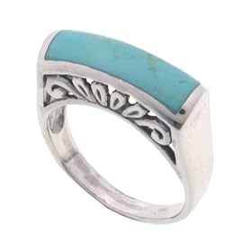 SilverBin Sterling Silver Bezel Set Rectangular Shape Turquoise Ring with Filigree Accents