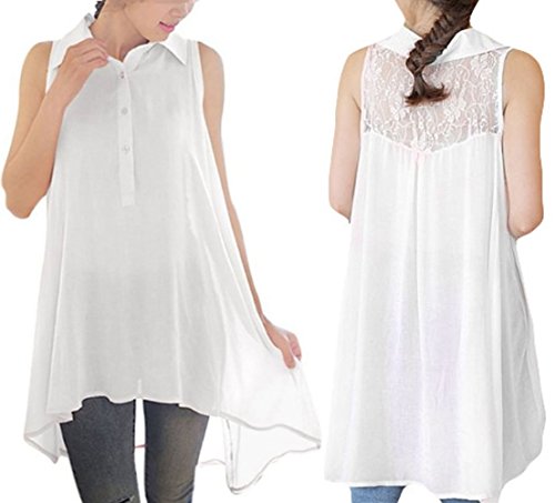 Bluetime Womens Turn Down Collar Sleeveless Loose Long Tunic Top Blouse