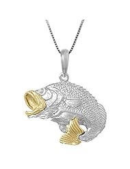 Sterling Silver Bass Fish Necklace Pendant with 14k Lips and Tail with Box Chain