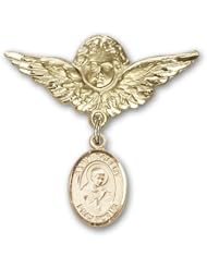 14K Gold Baby Badge with St. Robert Bellarmine Charm and Angel with Wings Badge Pin