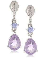 10k White Gold Tanzanite, Amethyst and Diamond Ear-Pin Earrings (.06 cttw, G-H Color, I2-I3 Clarity)