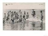 Group of Children in Striped Bathing Costumes Paddle Happily in the Surf at Heyst Sur Mer Belgium Photographic Poster Print, 40x30
