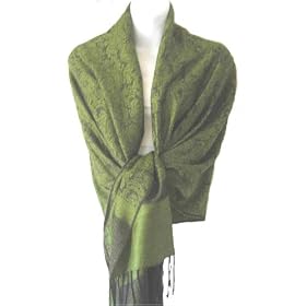 70% Pashmina 30% Silk Paisley Self-Design Shawl / Wrap / Stole - Black OliveGreen