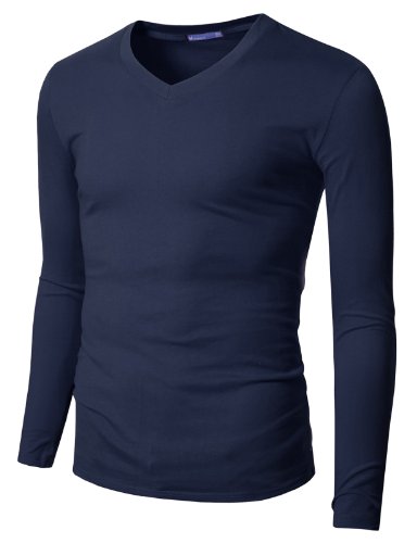 Doublju Mens V-Neck T-shirts with Long Sleeve NAVY (US-L)