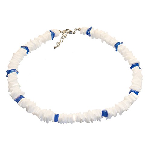 Hawaiian White and Blue Square Cut Puka Shell Necklace with Lobster Lock