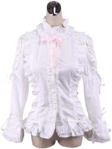 AvaLolita White Lace Ruffles Gothic Lolita Blouse with Pink Ribbon, XL