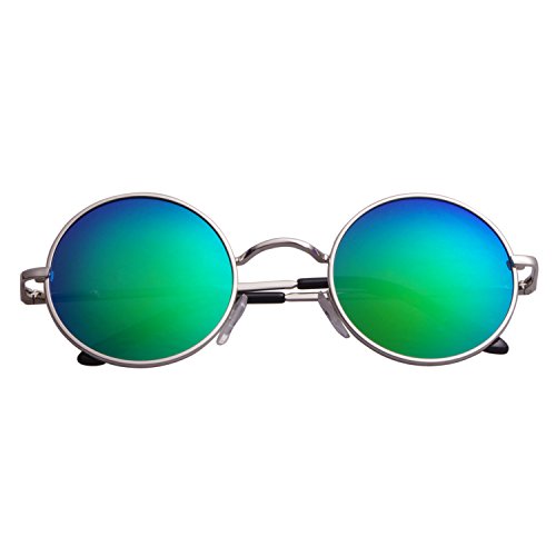 Aoron Vintage Round Sunglasses with Polarized Mirrored Lenses for Retro Women and Men (Green-blue Mirrored)