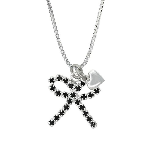Sterling Silver Black Crystal Bow with Baby Sterling Silver Heart Pendant, 18″