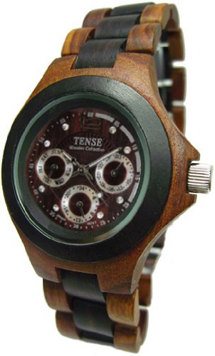 Tense Two Tone Sandalwood Triple Dial Mens Round All Wood Watch G4300SD DF