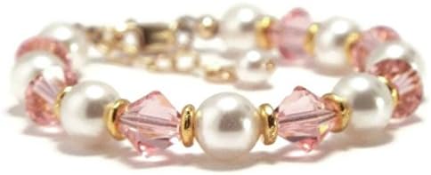 Pink and Gold Pearl and Crystal Baby Bracelet Flower Girl (B21)