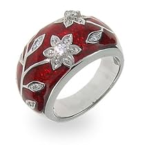 Ruby Red Enamel Ring with Vintage CZ Flower Design