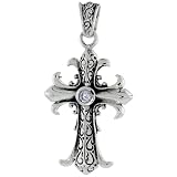 Sterling Silver Celtic Swirls on Cross Fleury Pendant w/ Single Clear CZ, w/ 18" Thin Box Chain