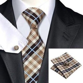 Somchai Collection :New Classic 100% Silk Necktie, Handkerchief and Cufflinks Set Brown Beige Striped