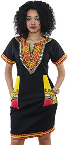 Women Bohemian V Neck Vintage Printed Ethnic Style Summer Shift Dress (L, Black-Yellow)