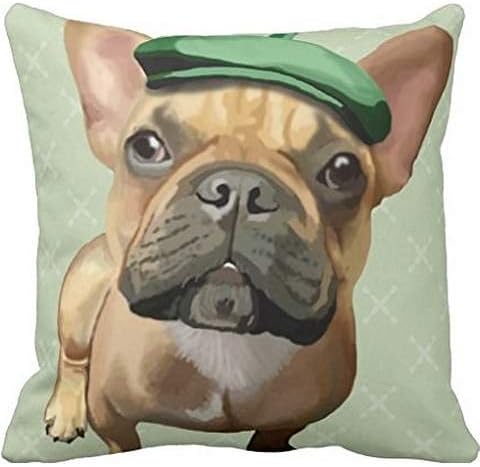 Brown French Bulldog with Green Hat Throw pillow case 24*24