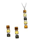 Sterling Silver and Certified Genuine Multicolor Amber Cubical Necklace + Earrings Set