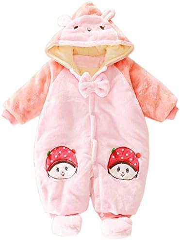 PAPAkids Girls Kids Winter Hooded Crawling Romper Babywear Newborn Padded Suit Pink Bowknot Monchichi 66cm