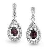White Sapphire and Garnet Drop Earrings in 10k White Gold Filigree Earrings, Certificate of Authenticity