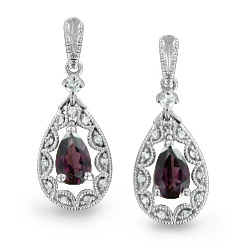 White Sapphire and Garnet Drop Earrings in 10k White Gold Filigree Earrings, Certificate of Authenticity