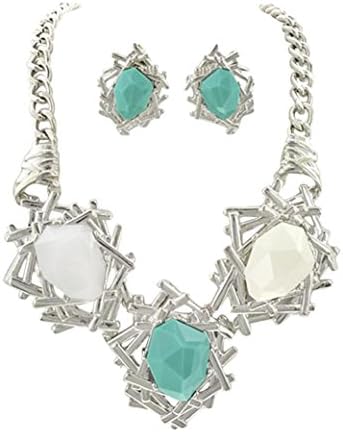 Chunky Three White Teal Acrylic Beads Silvertone Necklace and Earrings, 20+2" (Silvertone)