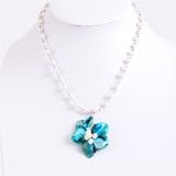 Blister Shell and Freshwater Pearls Flower Shaped Marguerite Necklace, Aqua Blue 16 19 silver graphics