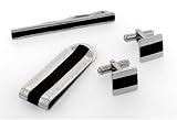 Stainless steel set of cufflinks, tie slide and money clip with engraving accent and black highlighting