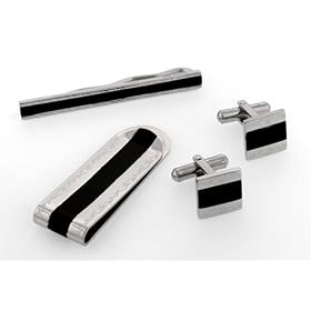 Stainless steel set of cufflinks, tie slide and money clip with engraving accent and black... by Money Clips