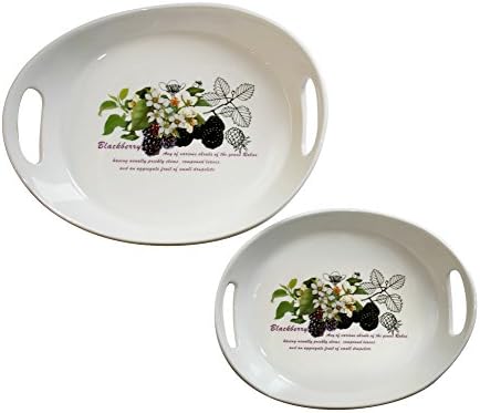 Ceramic Serving Platters Oval Set of Two with Handles and Decorative Design