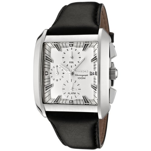 Seiko Men's SNA771P2 Chronograph White Dial Black Leather Alarm Watch