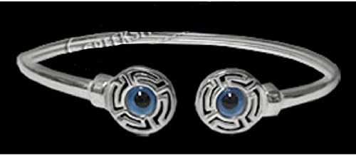 Greek Sterling Silver Mati Collection - Cuff Bracelet w/ Greek Key and Mati Evil Eye Circles