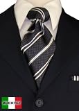 Woven Silk Mens Necktie + Pocket Square Hand Made in Italy By Valenti Ties and Hanky Set Grey White Stripe