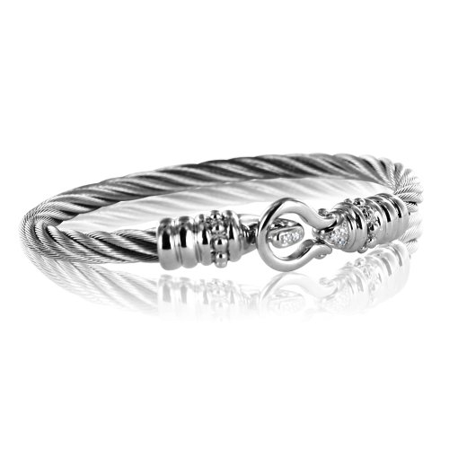  Sterling Silver Diamond Link Bracelet with Stainless Steel Cable