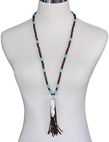 Necklaces For Women New Style Boutique Stylish Wood Beaded&amp; Cotton String Fringe Tassel Long Necklace Silver